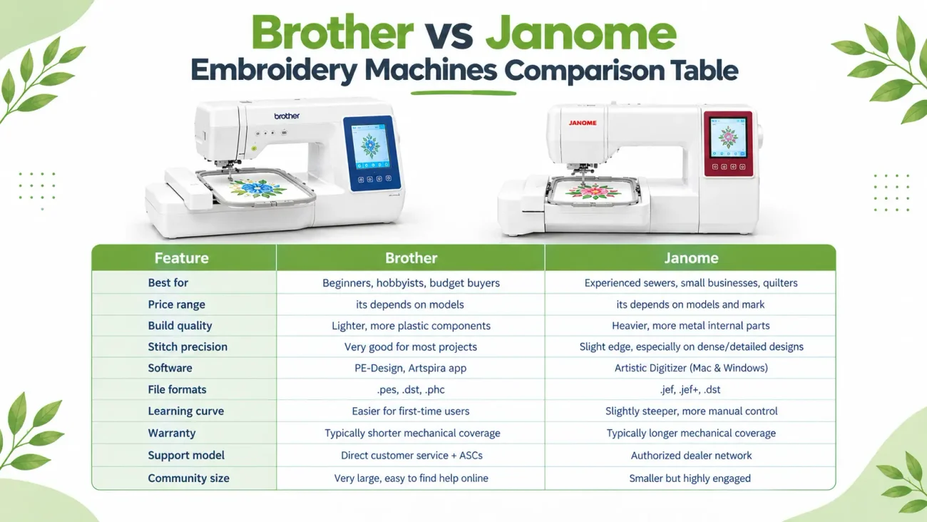 brother vs janome embroidery machines Comparison table